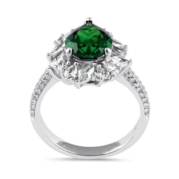 New Sterling Silver Extravagant Pear Cut Emerald Halo Ring New - Picture 3 of 4